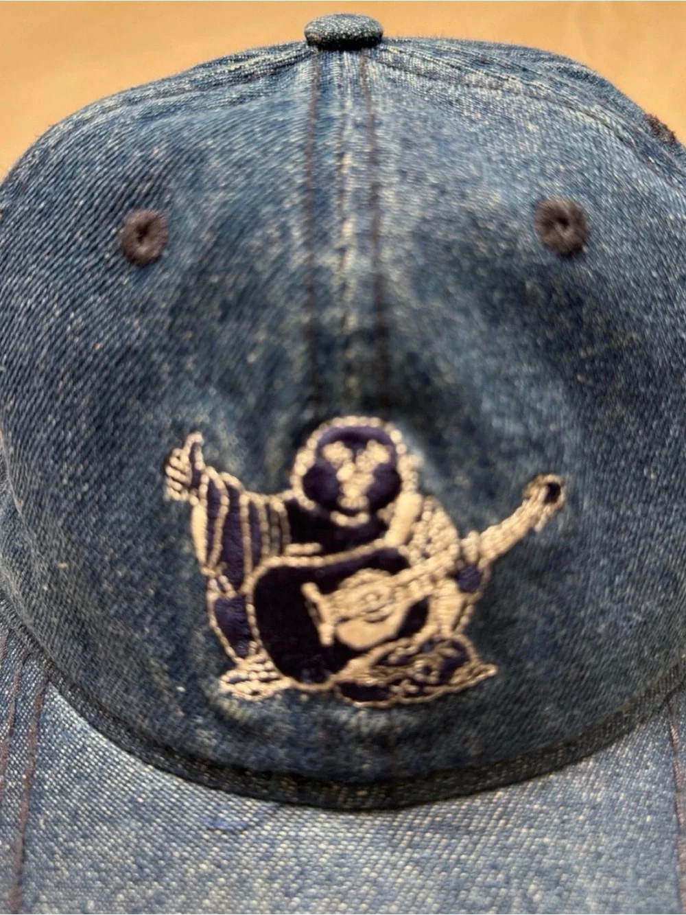 True Religion Blue Denim Baseball Cap with Embroidered Buddha Guitar